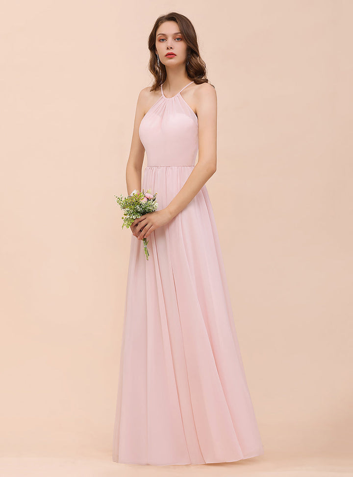 A-Line Halter Ruffle Sleeveless Floor-Length Dress-koscy