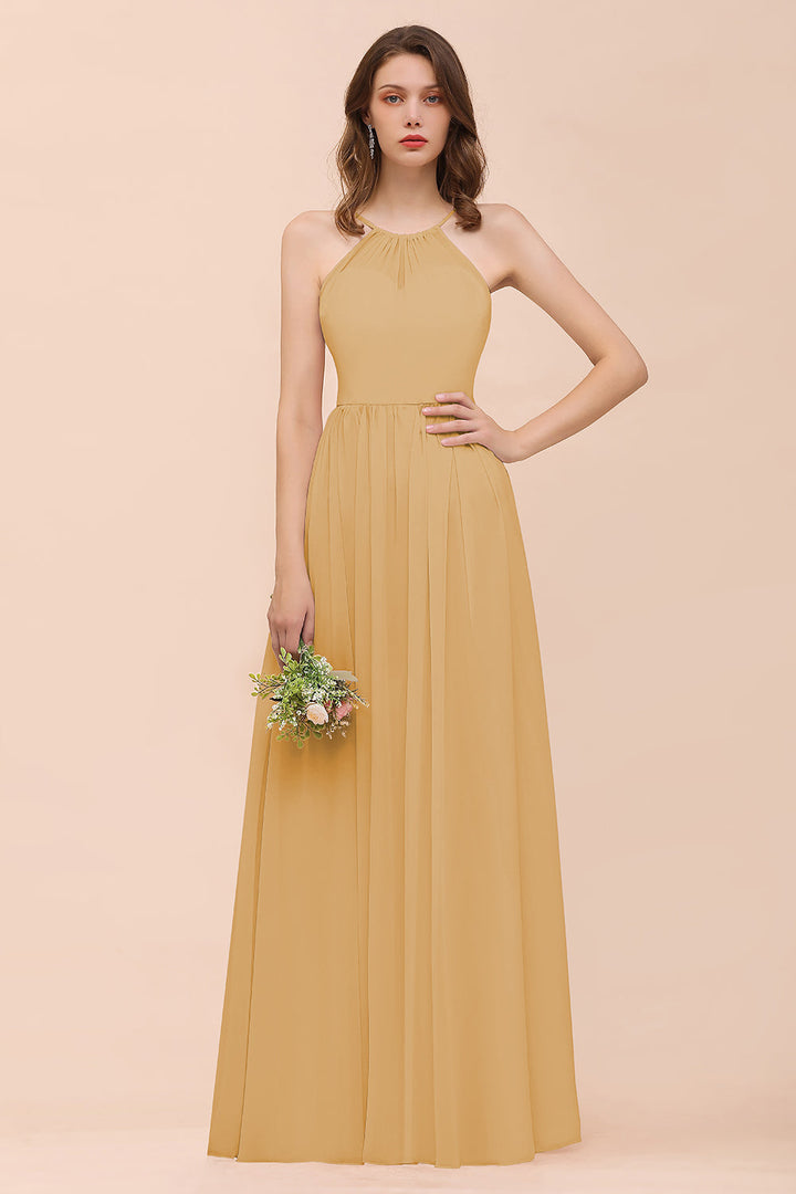 A-Line Halter Ruffle Sleeveless Floor-Length Dress-koscy