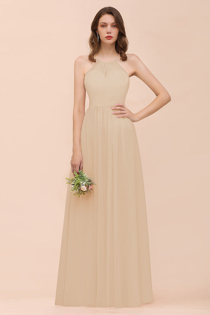 A-Line Halter Ruffle Sleeveless Floor-Length Dress-koscy