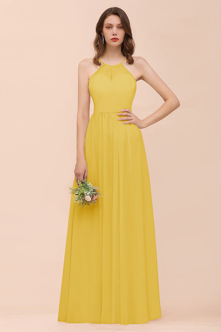 A-Line Halter Ruffle Sleeveless Floor-Length Dress-koscy