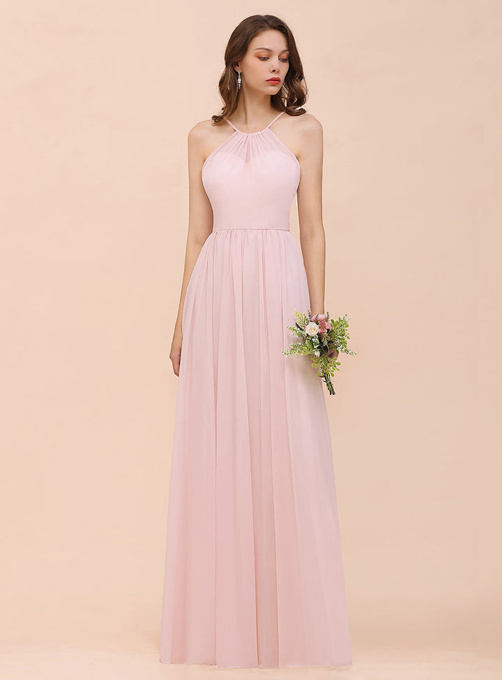 A-Line Halter Ruffle Sleeveless Floor-Length Dress-koscy