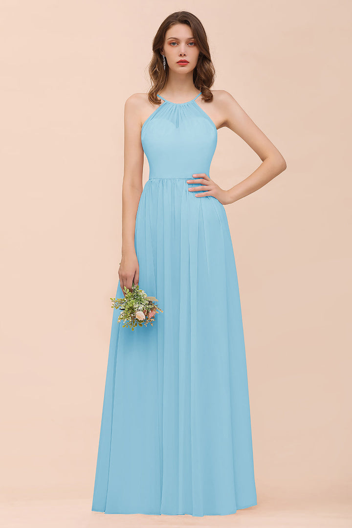 A-Line Halter Ruffle Sleeveless Floor-Length Dress-koscy