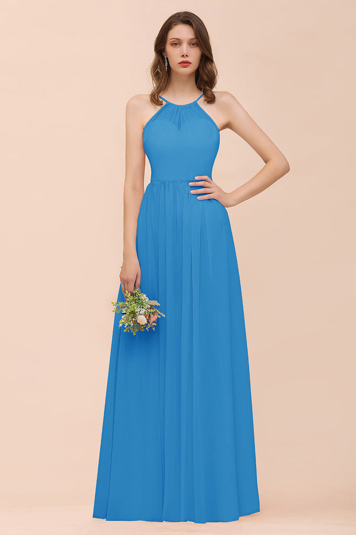 A-Line Halter Ruffle Sleeveless Floor-Length Dress-koscy