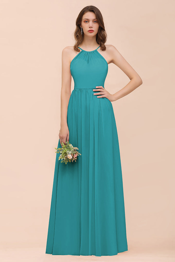 A-Line Halter Ruffle Sleeveless Floor-Length Dress-koscy