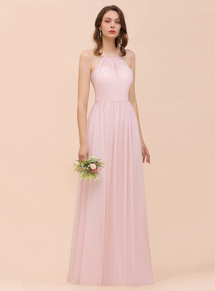 A-Line Halter Ruffle Sleeveless Floor-Length Dress-koscy