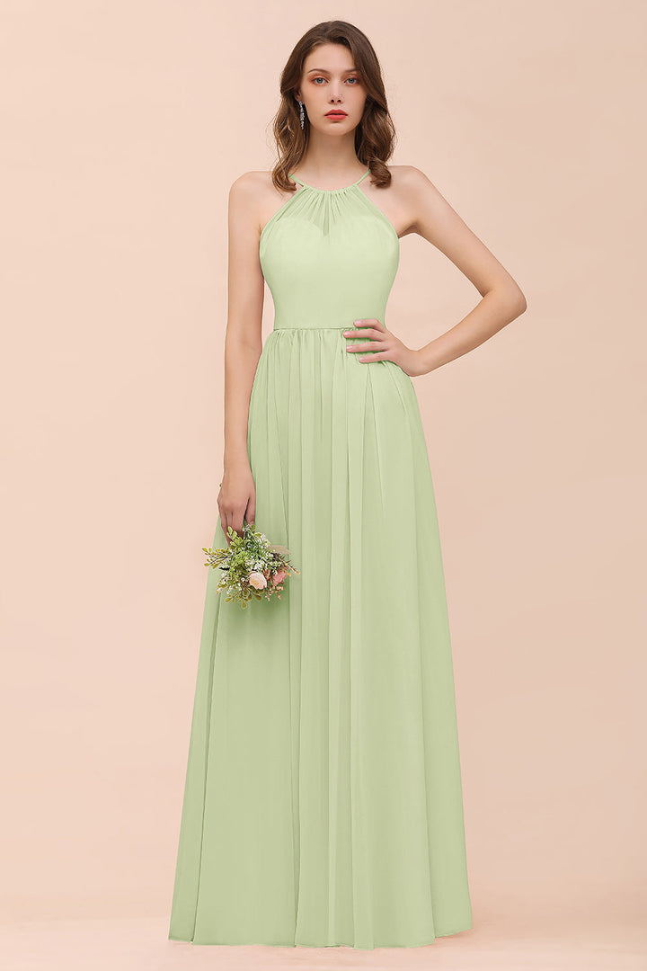 A-Line Halter Ruffle Sleeveless Floor-Length Dress-koscy