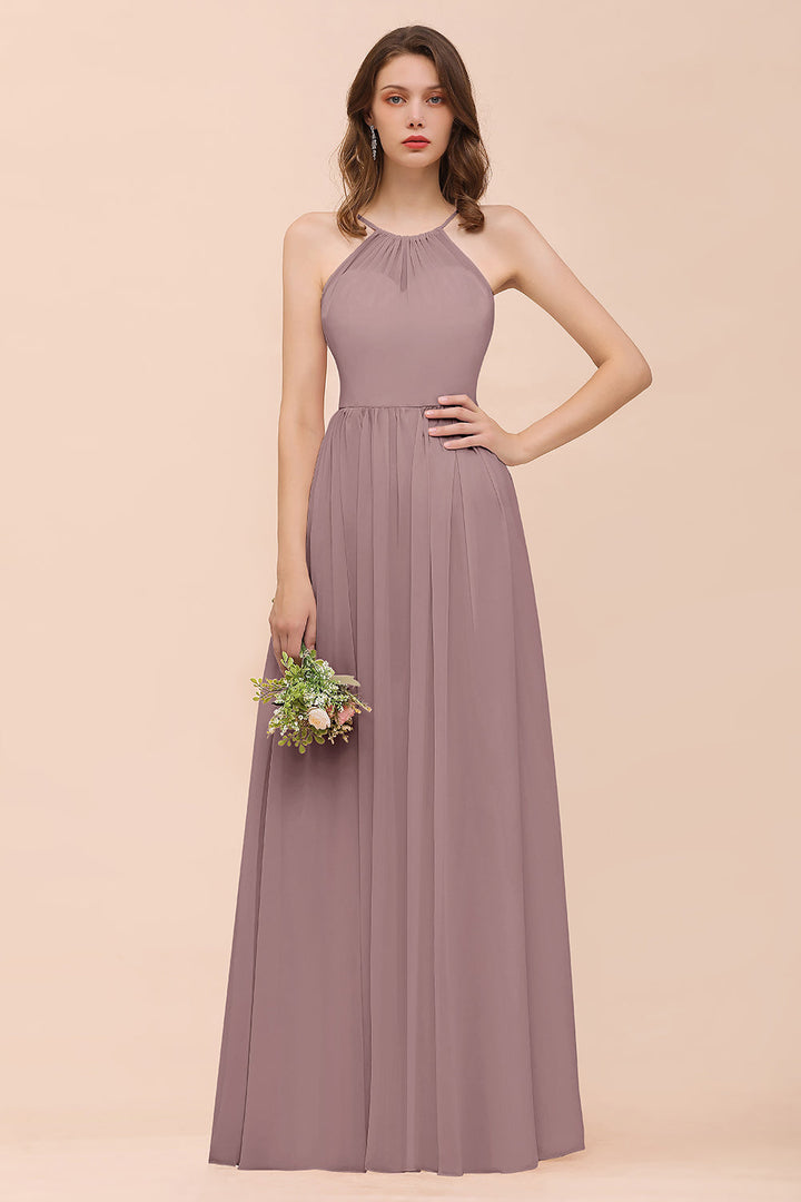 A-Line Halter Ruffle Sleeveless Floor-Length Dress-koscy