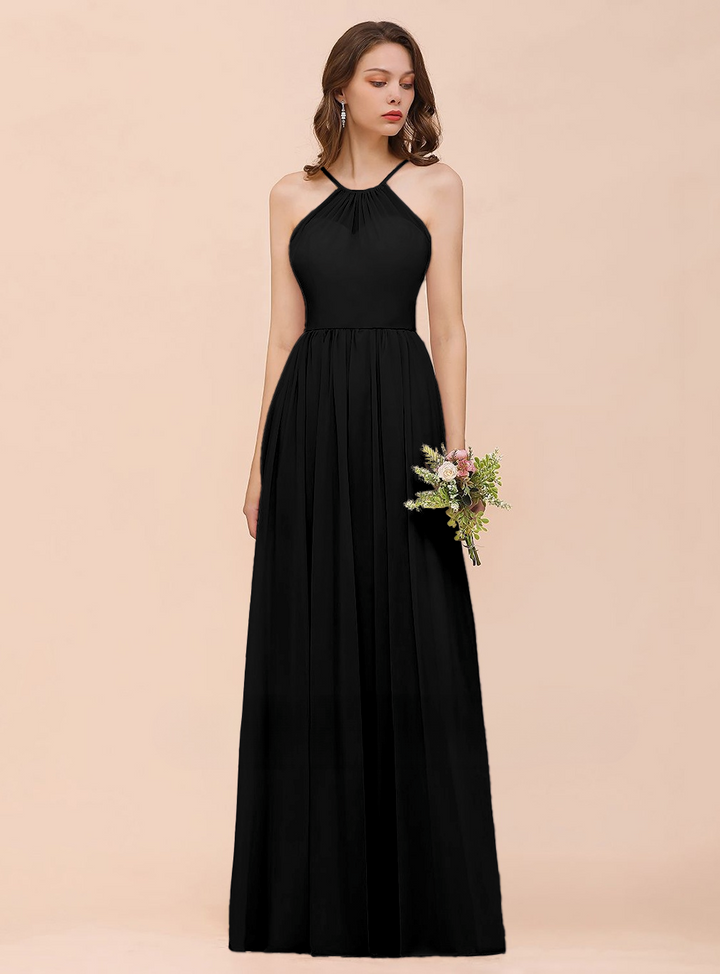 A-Line Halter Ruffle Sleeveless Floor-Length Dress-koscy