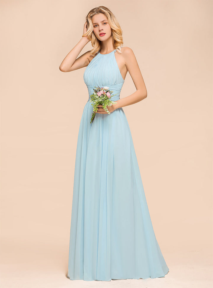 A-Line Halter Ruffle Sleeveless Floor-Length Dress-koscy