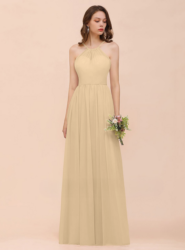 A-Line Halter Ruffle Sleeveless Floor-Length Dress-koscy