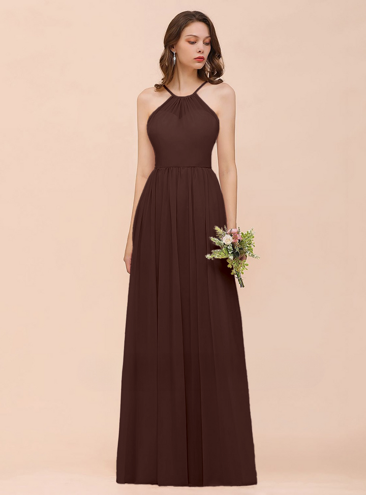 A-Line Halter Ruffle Sleeveless Floor-Length Dress-koscy