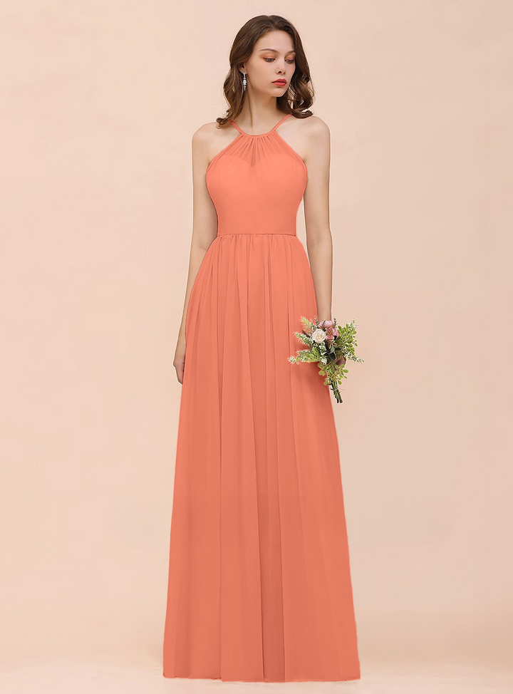 A-Line Halter Ruffle Sleeveless Floor-Length Dress-koscy