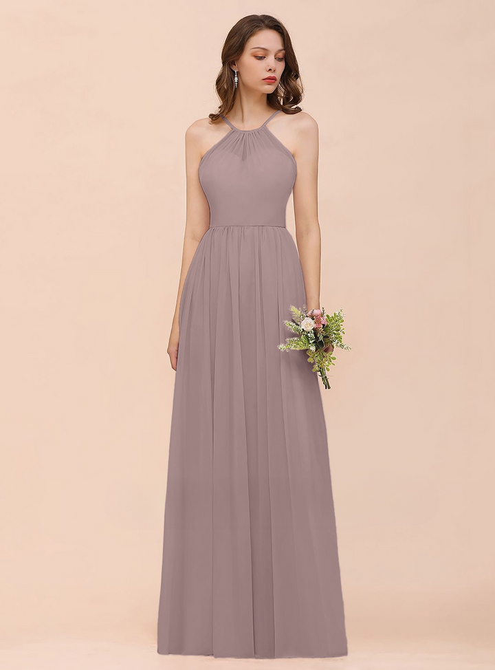 A-Line Halter Ruffle Sleeveless Floor-Length Dress-koscy