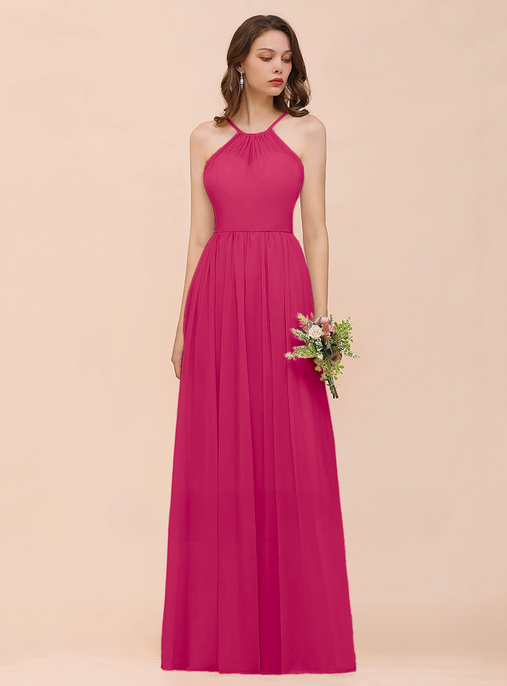 A-Line Halter Ruffle Sleeveless Floor-Length Dress-koscy