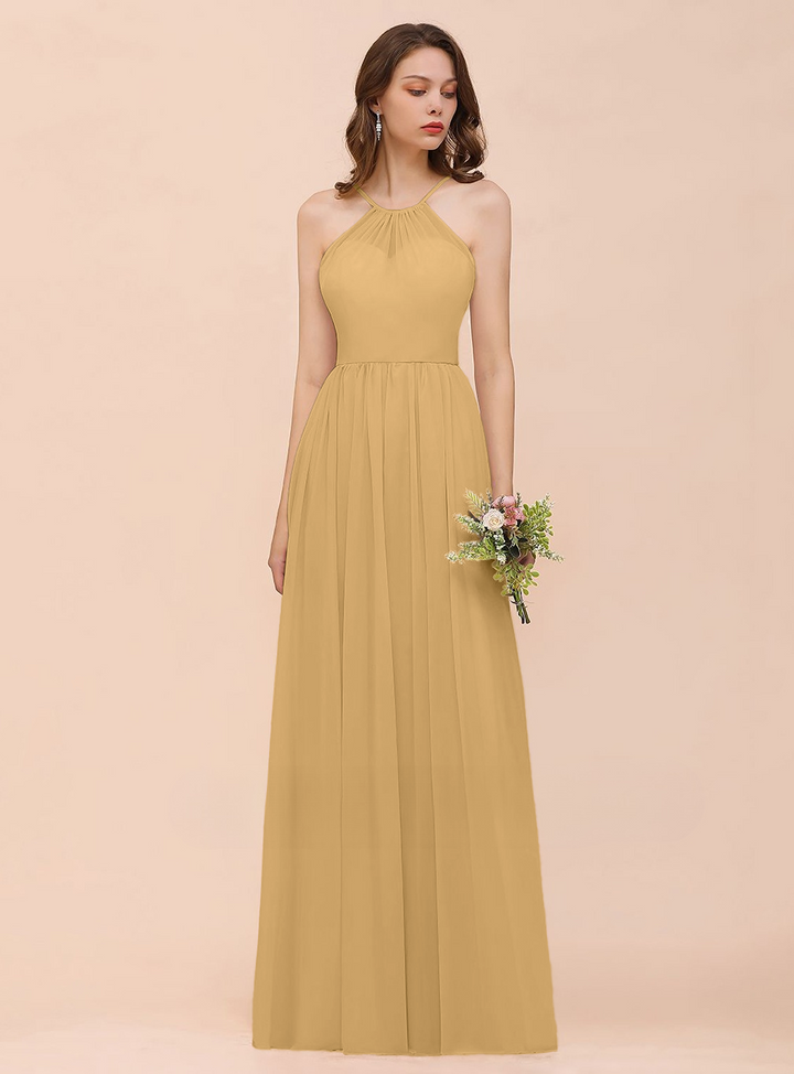 A-Line Halter Ruffle Sleeveless Floor-Length Dress-koscy