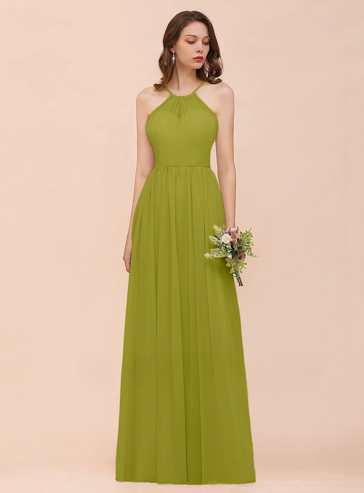 A-Line Halter Ruffle Sleeveless Floor-Length Dress-koscy