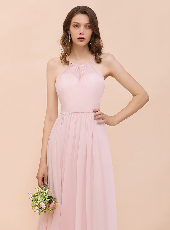 A-Line Halter Ruffle Sleeveless Floor-Length Dress-koscy