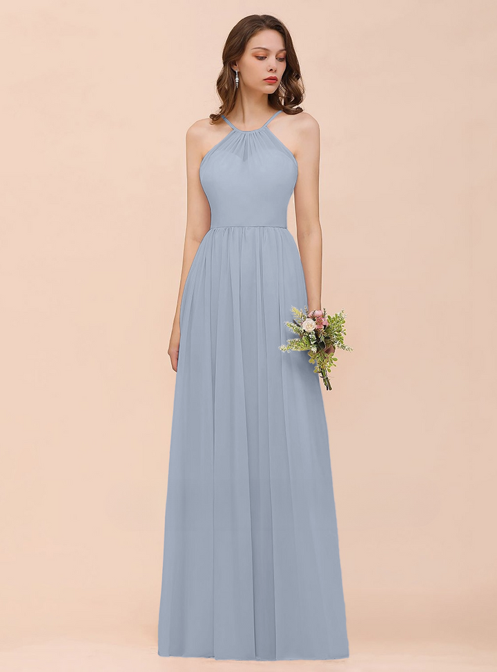 A-Line Halter Ruffle Sleeveless Floor-Length Dress-koscy