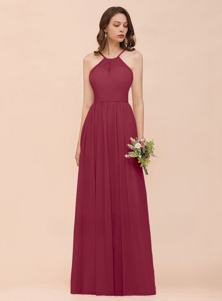 A-Line Halter Ruffle Sleeveless Floor-Length Dress-koscy