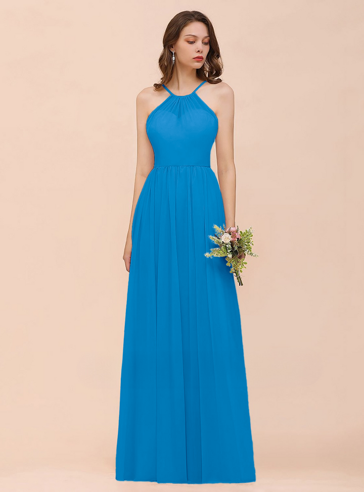 A-Line Halter Ruffle Sleeveless Floor-Length Dress-koscy