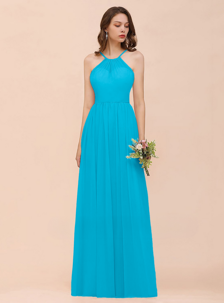 A-Line Halter Ruffle Sleeveless Floor-Length Dress-koscy