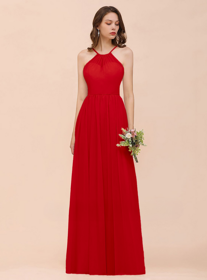 A-Line Halter Ruffle Sleeveless Floor-Length Dress-koscy