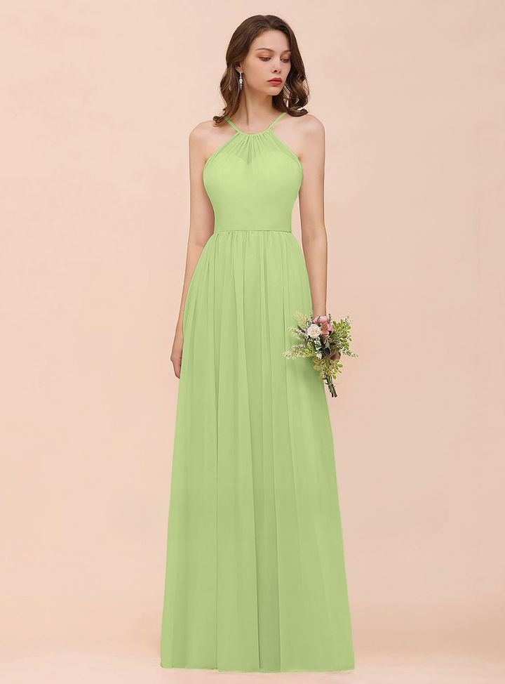 A-Line Halter Ruffle Sleeveless Floor-Length Dress-koscy