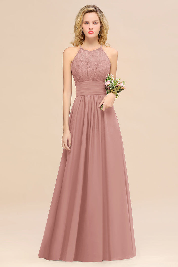 A-Line Halter Ruffles Sleeveless Floor-Length Dress-koscy