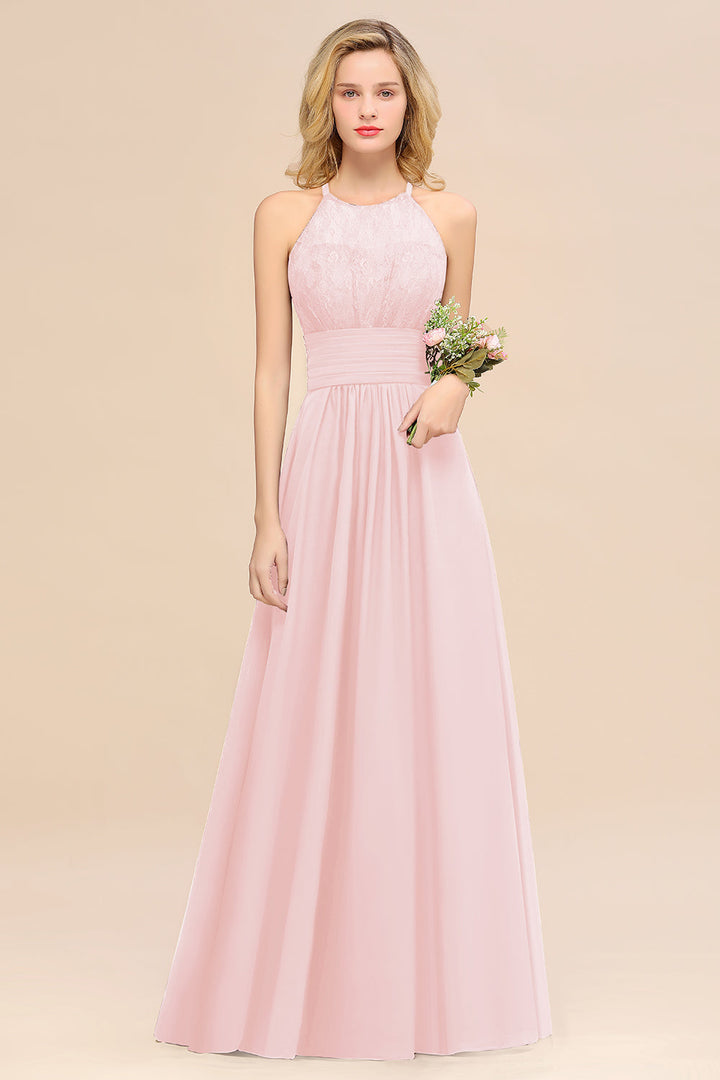 A-Line Halter Ruffles Sleeveless Floor-Length Dress-koscy