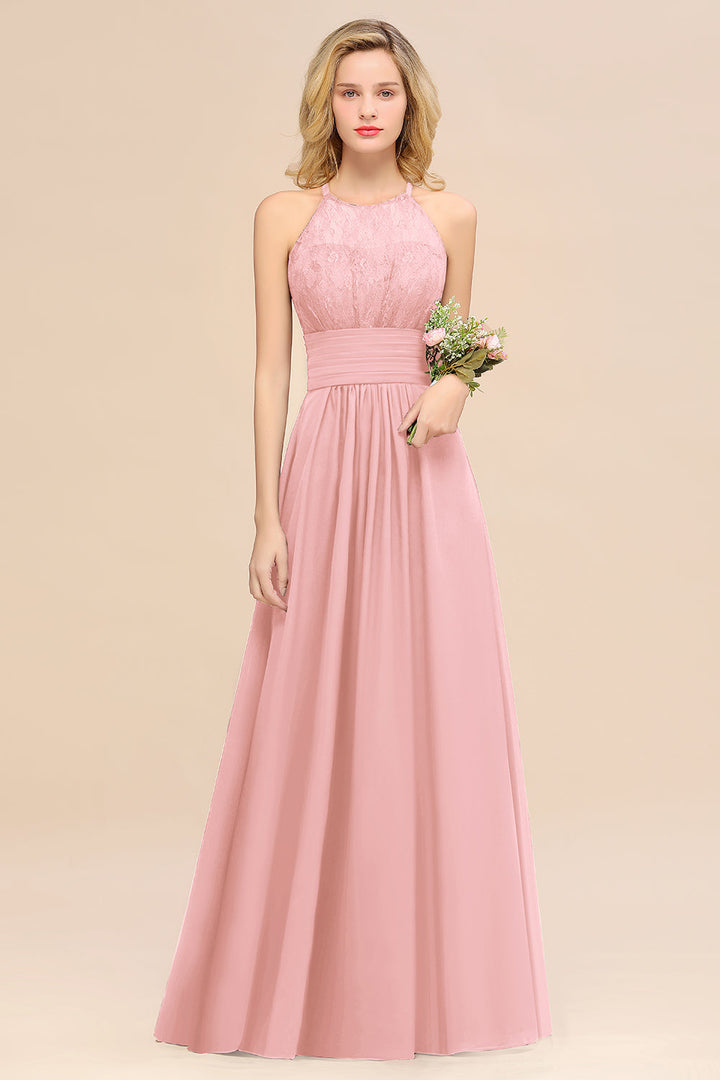 A-Line Halter Ruffles Sleeveless Floor-Length Dress-koscy