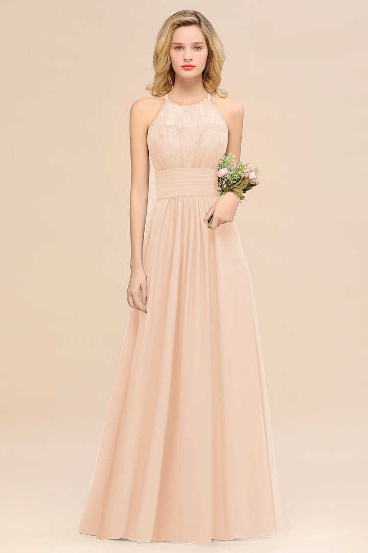 A-Line Halter Ruffles Sleeveless Floor-Length Dress-koscy