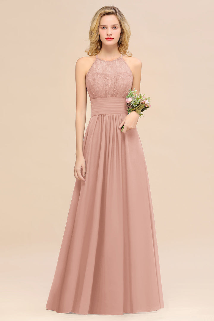 A-Line Halter Ruffles Sleeveless Floor-Length Dress-koscy