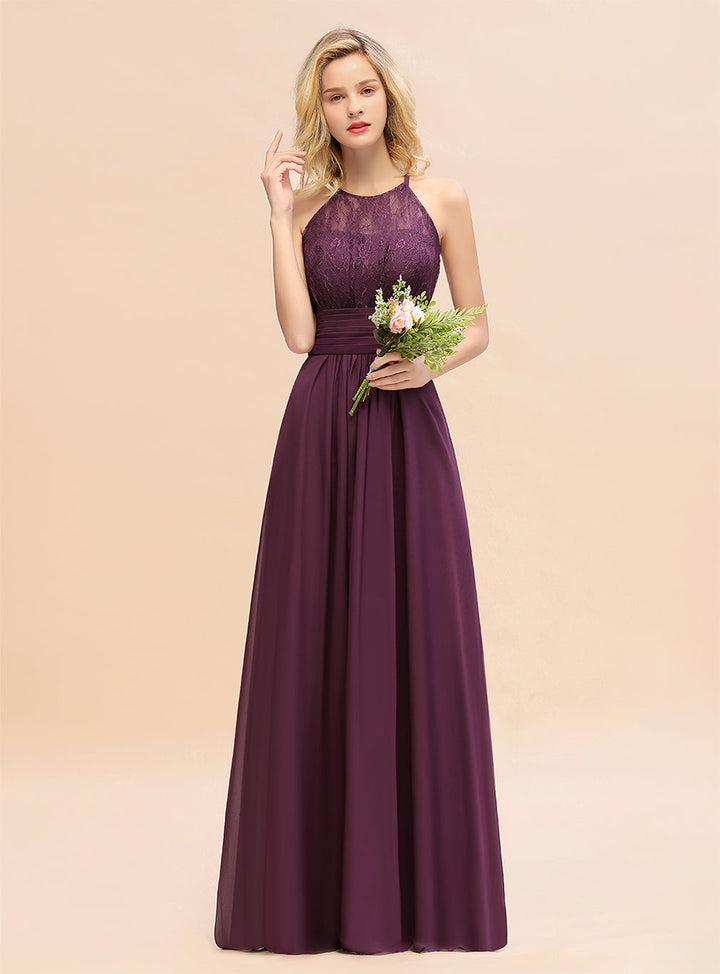 A-Line Halter Ruffles Sleeveless Floor-Length Dress-koscy