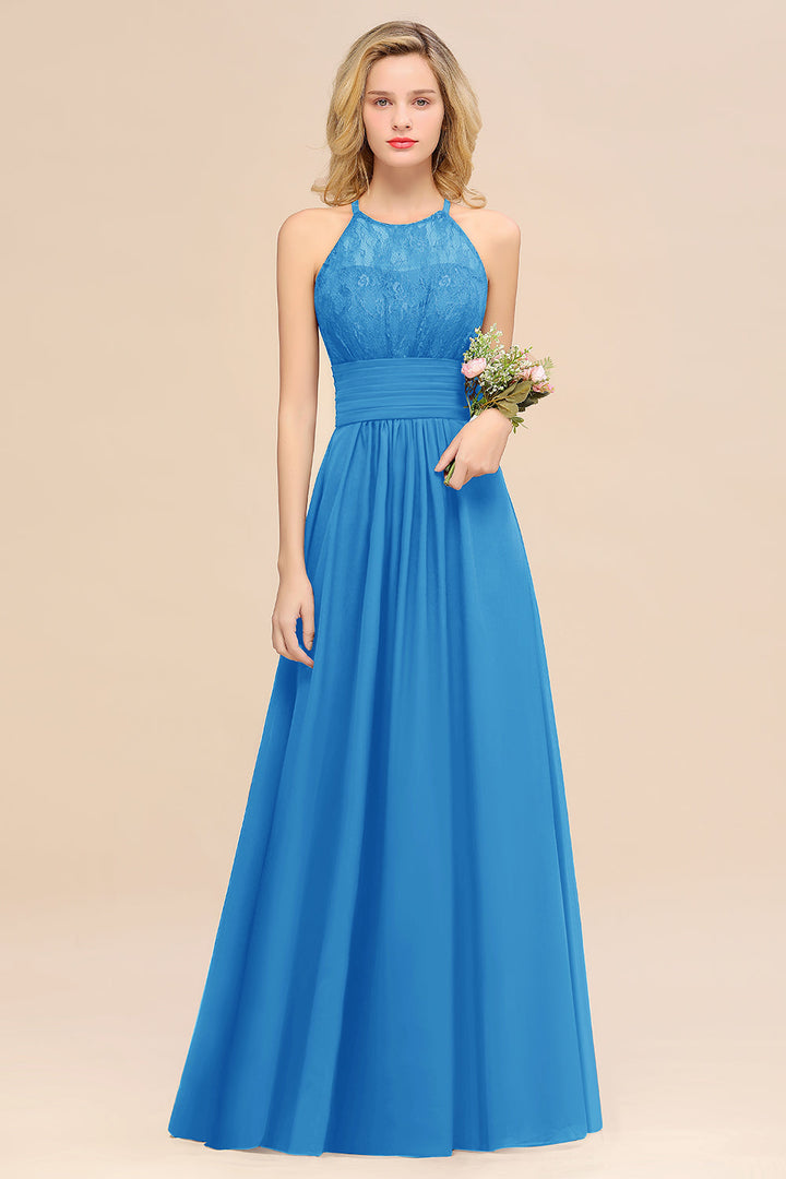 A-Line Halter Ruffles Sleeveless Floor-Length Dress-koscy