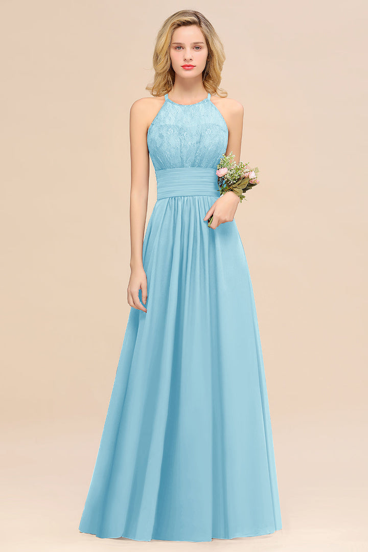 A-Line Halter Ruffles Sleeveless Floor-Length Dress-koscy