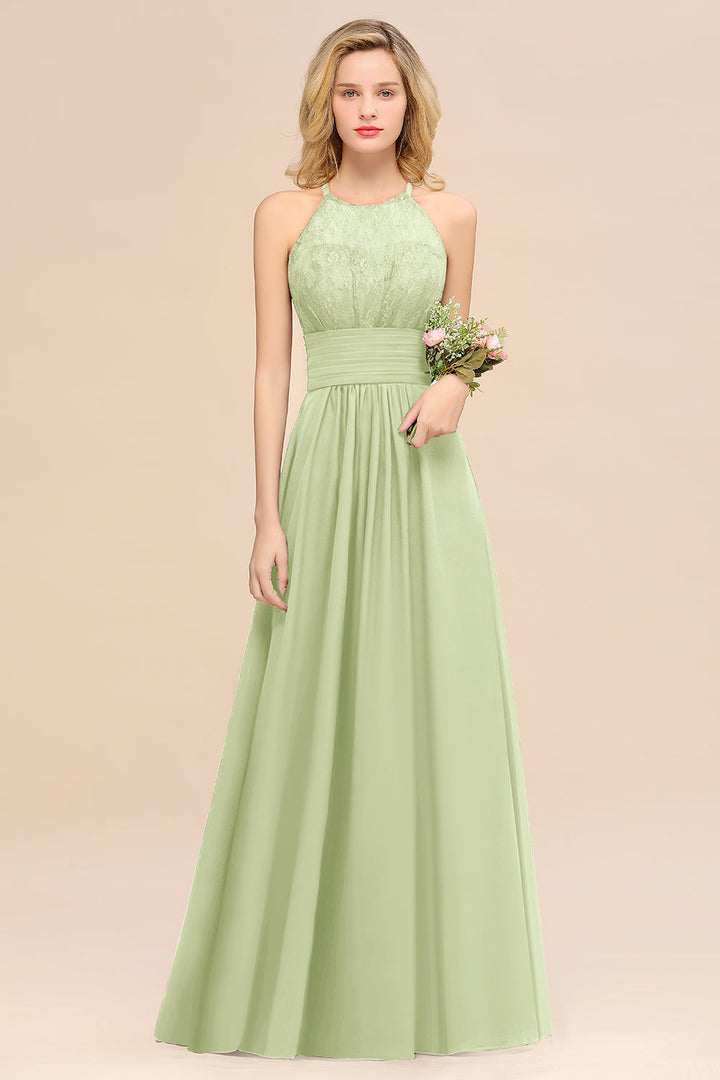 A-Line Halter Ruffles Sleeveless Floor-Length Dress-koscy