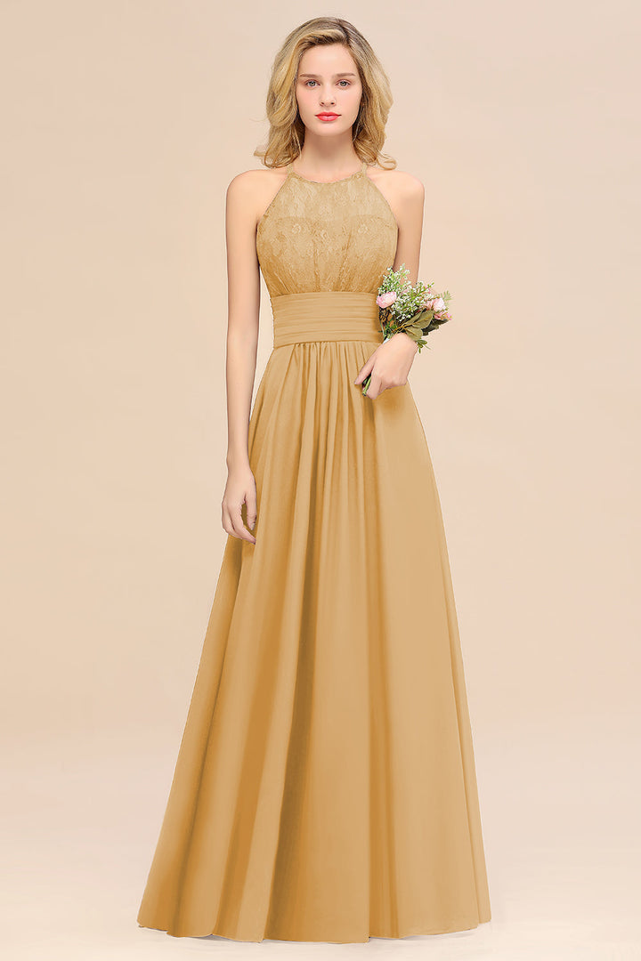 A-Line Halter Ruffles Sleeveless Floor-Length Dress-koscy