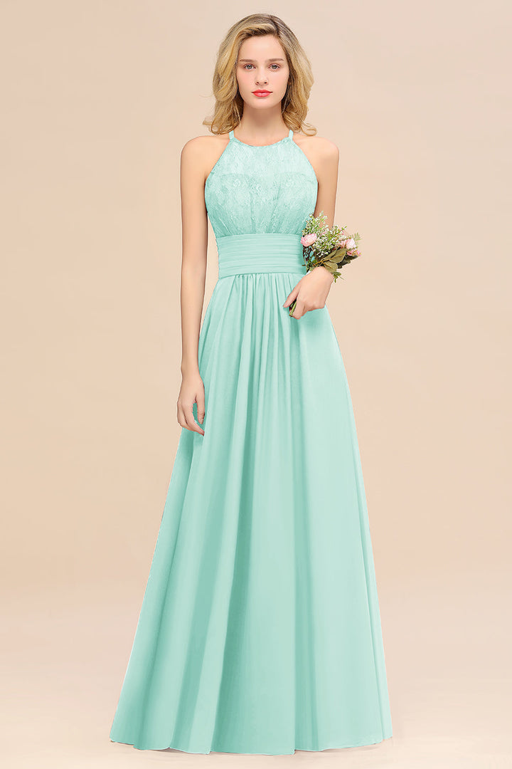 A-Line Halter Ruffles Sleeveless Floor-Length Dress-koscy