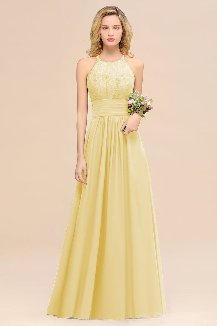 A-Line Halter Ruffles Sleeveless Floor-Length Dress-koscy