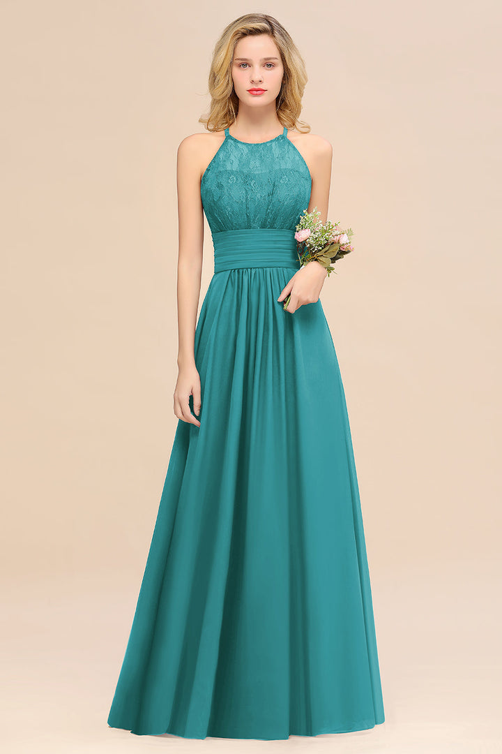 A-Line Halter Ruffles Sleeveless Floor-Length Dress-koscy