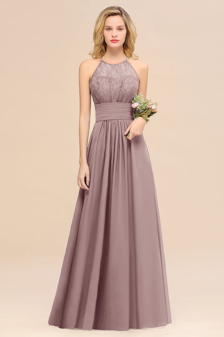 A-Line Halter Ruffles Sleeveless Floor-Length Dress-koscy