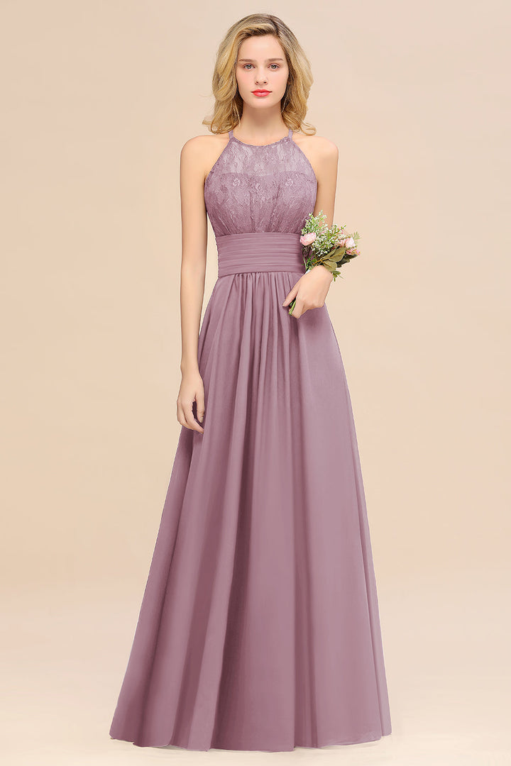 A-Line Halter Ruffles Sleeveless Floor-Length Dress-koscy