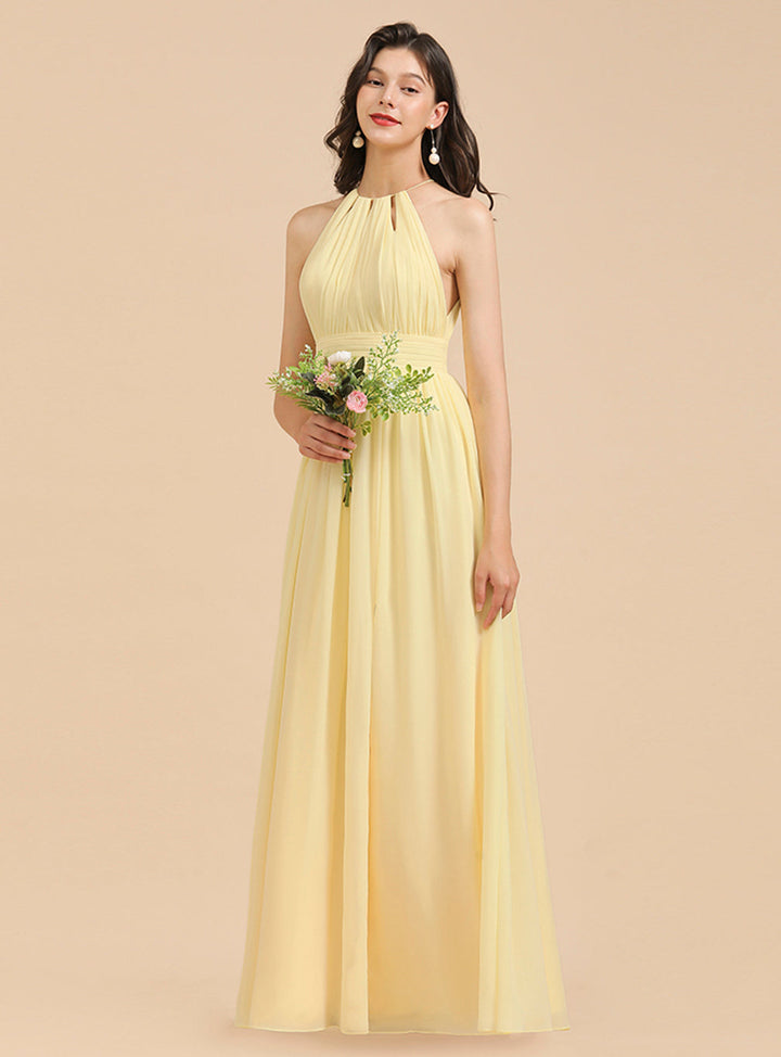 A-Line Halter Sleeveless Chiffon Floor-Length Dress-koscy