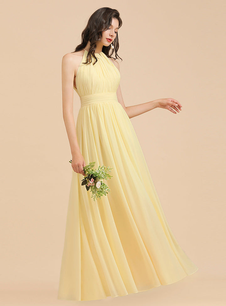 A-Line Halter Sleeveless Chiffon Floor-Length Dress-koscy