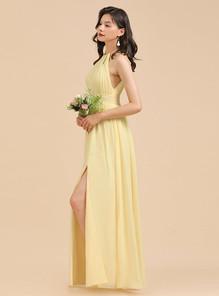 A-Line Halter Sleeveless Chiffon Floor-Length Dress-koscy