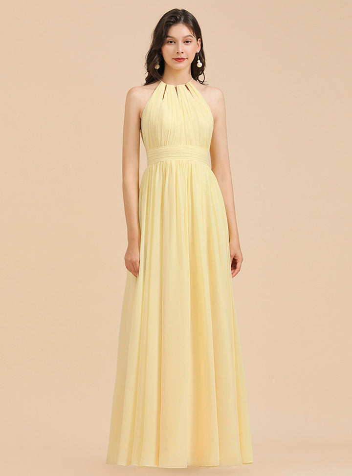 A-Line Halter Sleeveless Chiffon Floor-Length Dress-koscy