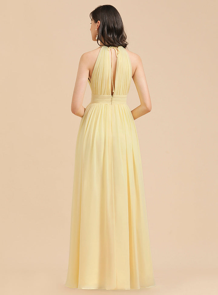 A-Line Halter Sleeveless Chiffon Floor-Length Dress-koscy