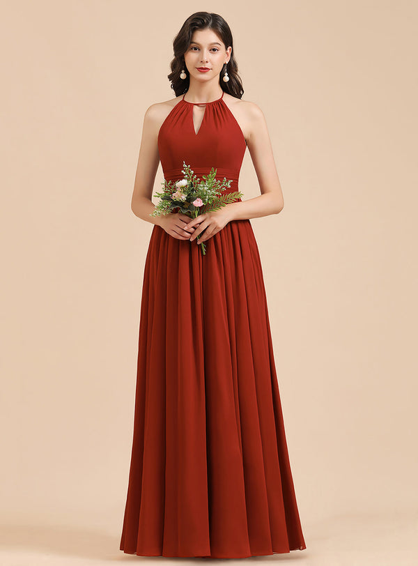 A-Line Halter Sleeveless Chiffon Floor-Length Dress-koscy