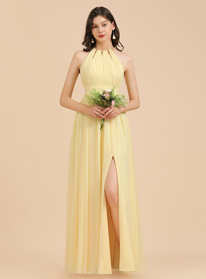 A-Line Halter Sleeveless Chiffon Floor-Length Dress-koscy