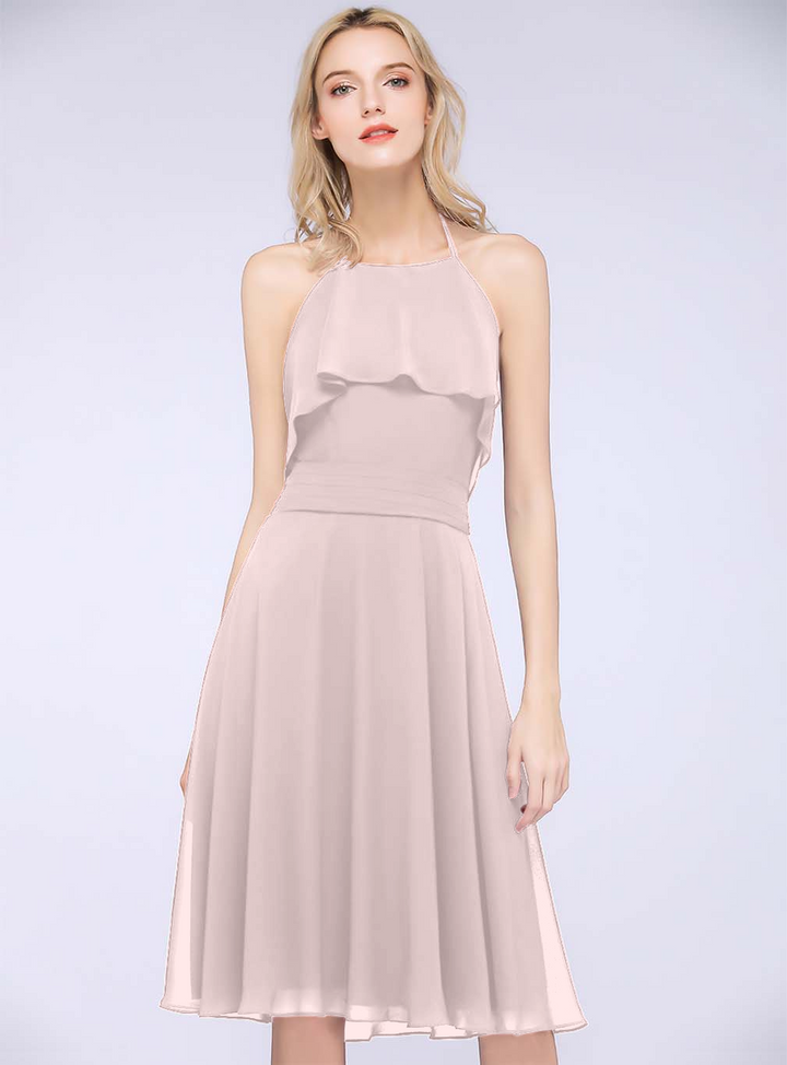 A-line Halter Sleeveless Chiffon Knee-Length Dress-koscy